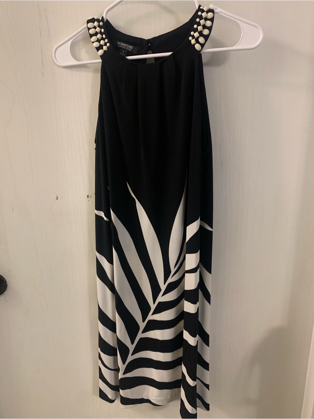 Signature Black & White Leaf-Print Maxi Skirt with Beaded Shoulders